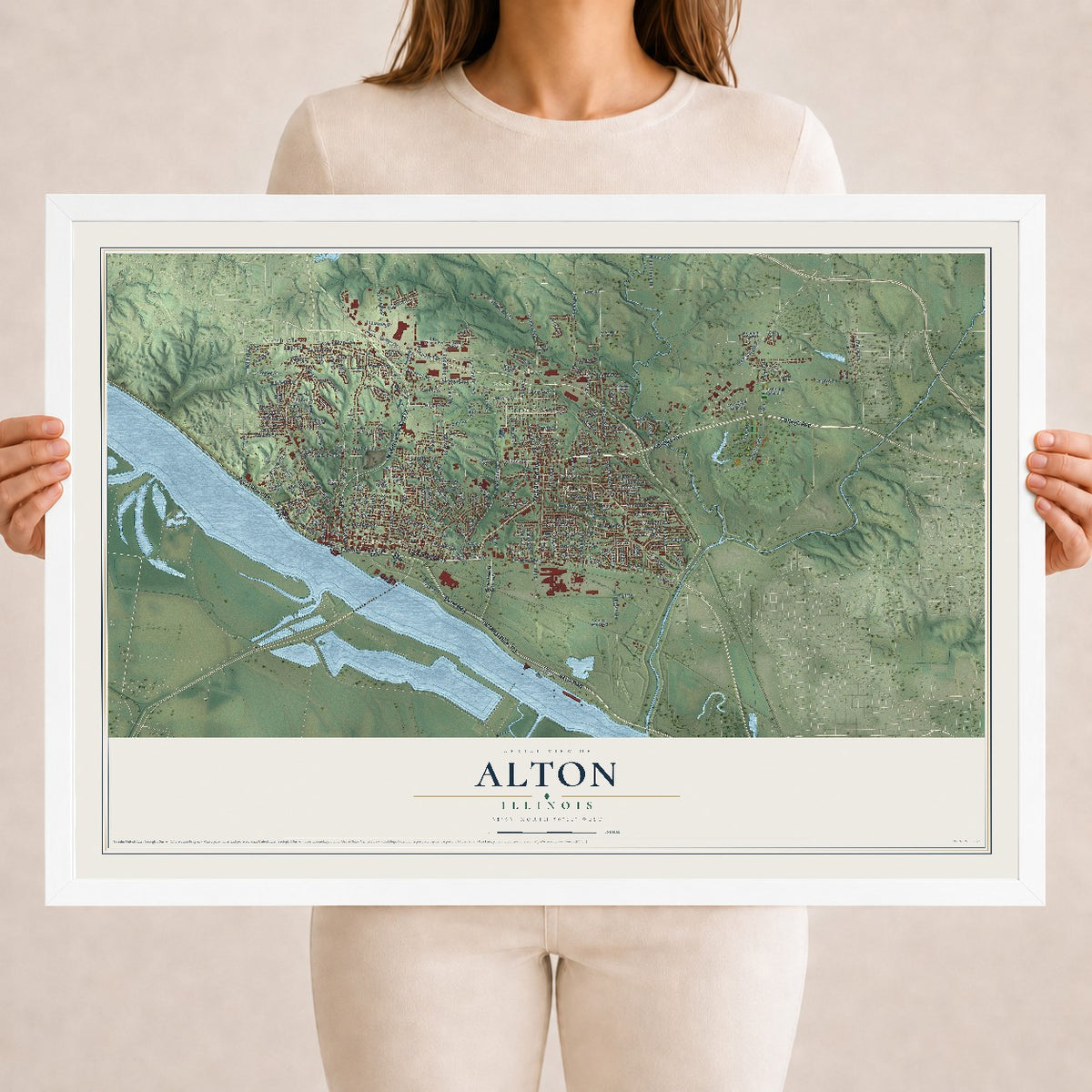 Map of Alton, Illinois, 18 x 24 inch print in a white wood frame