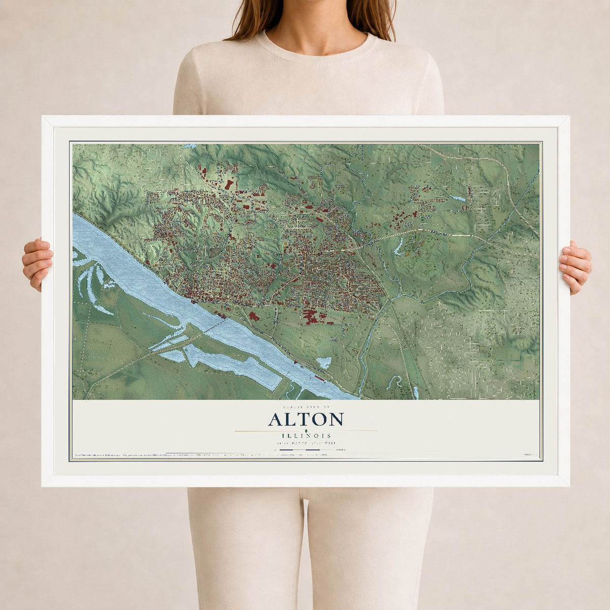 Map of Alton, Illinois, 24 x 36 inch print in a white wood frame