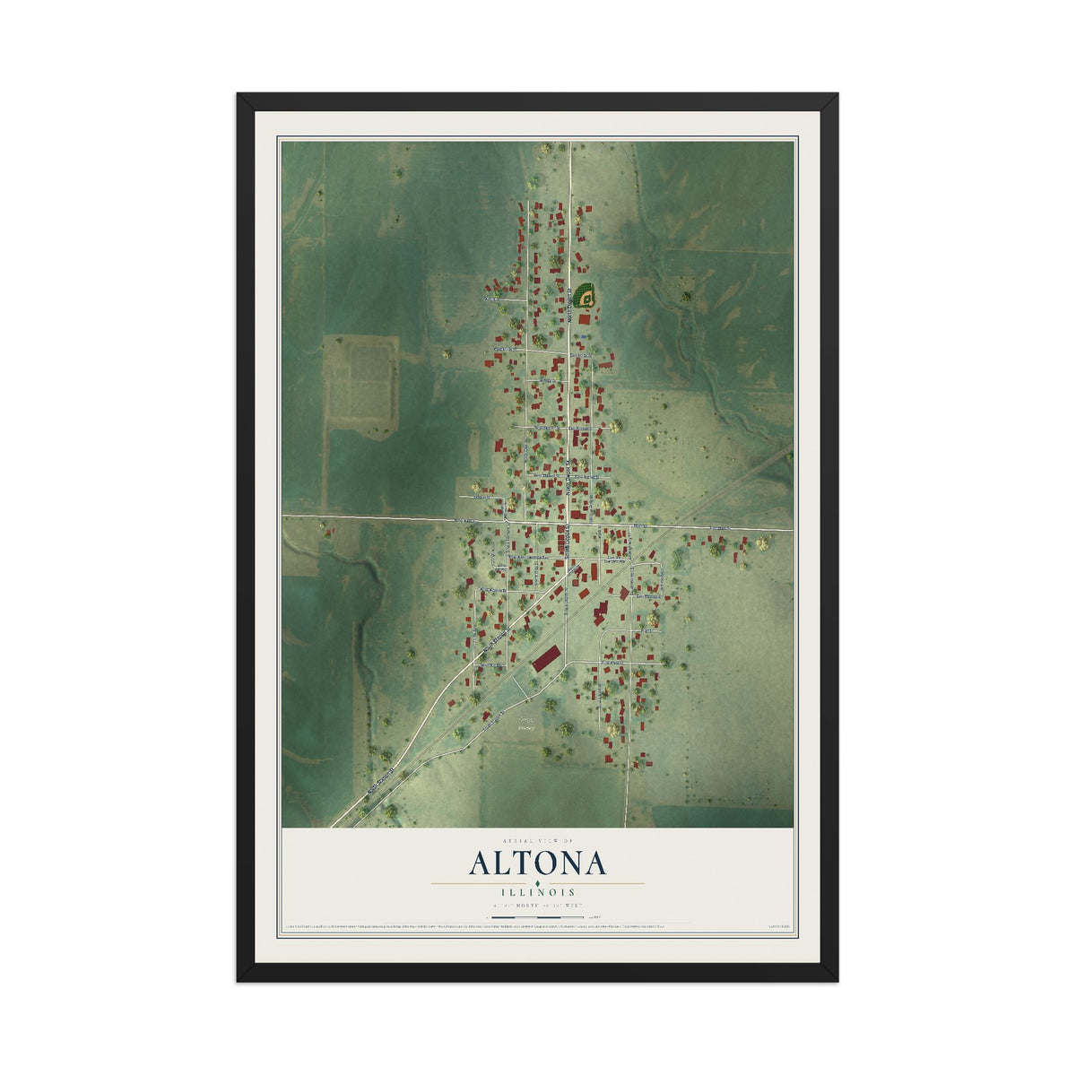 Map of Altona, Illinois, 12 x 18 inch print in a black wood frame