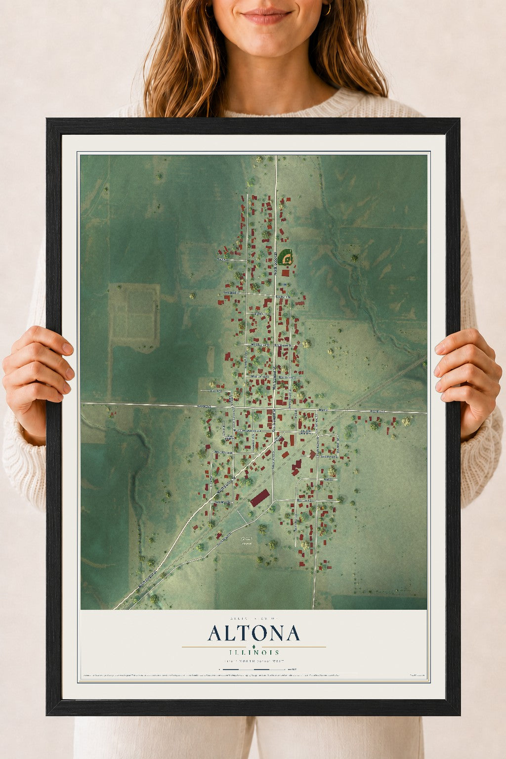 Map of Altona, Illinois, 18 x 24 inch print in a black wood frame