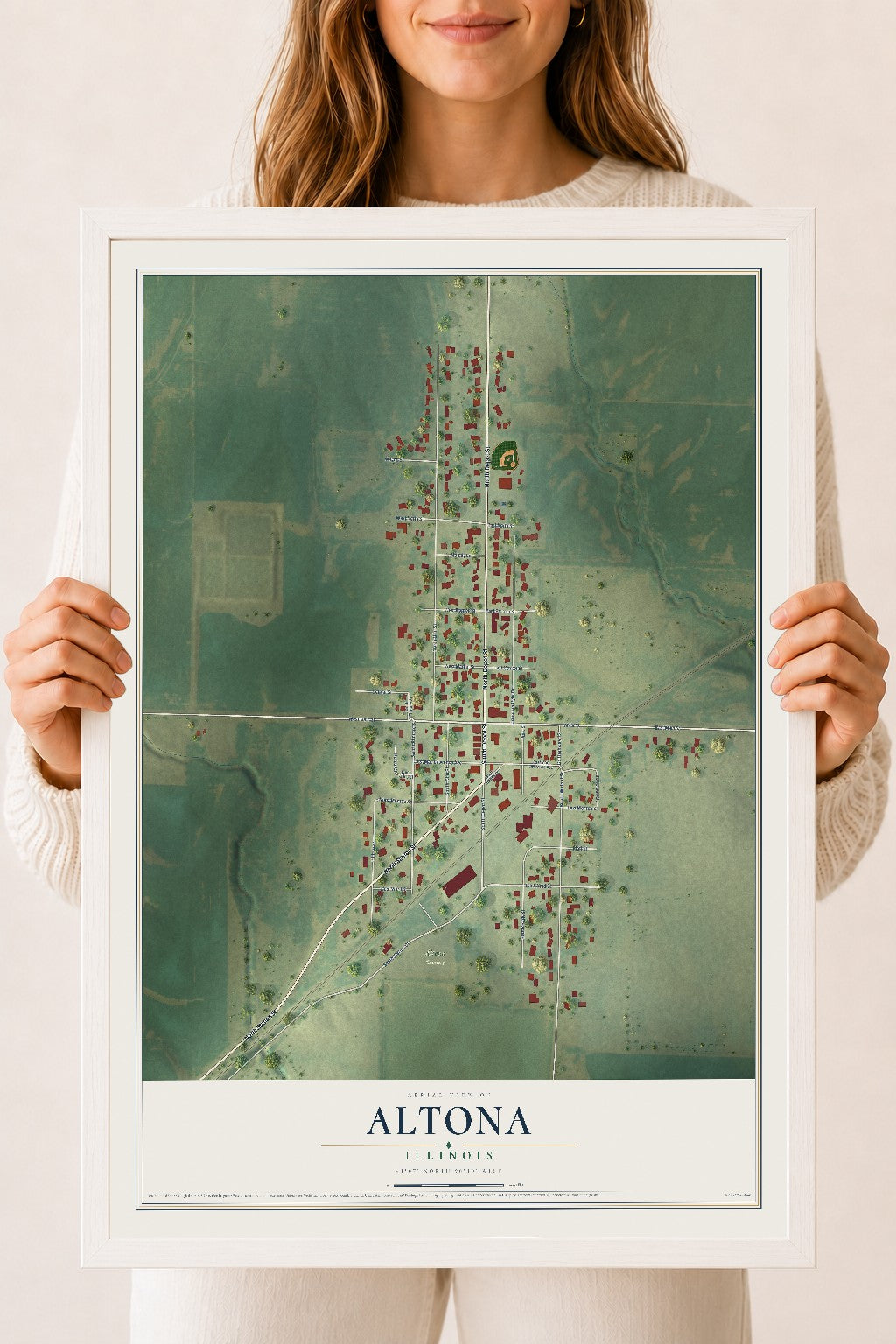 Map of Altona, Illinois, 18 x 24 inch print in a white wood frame