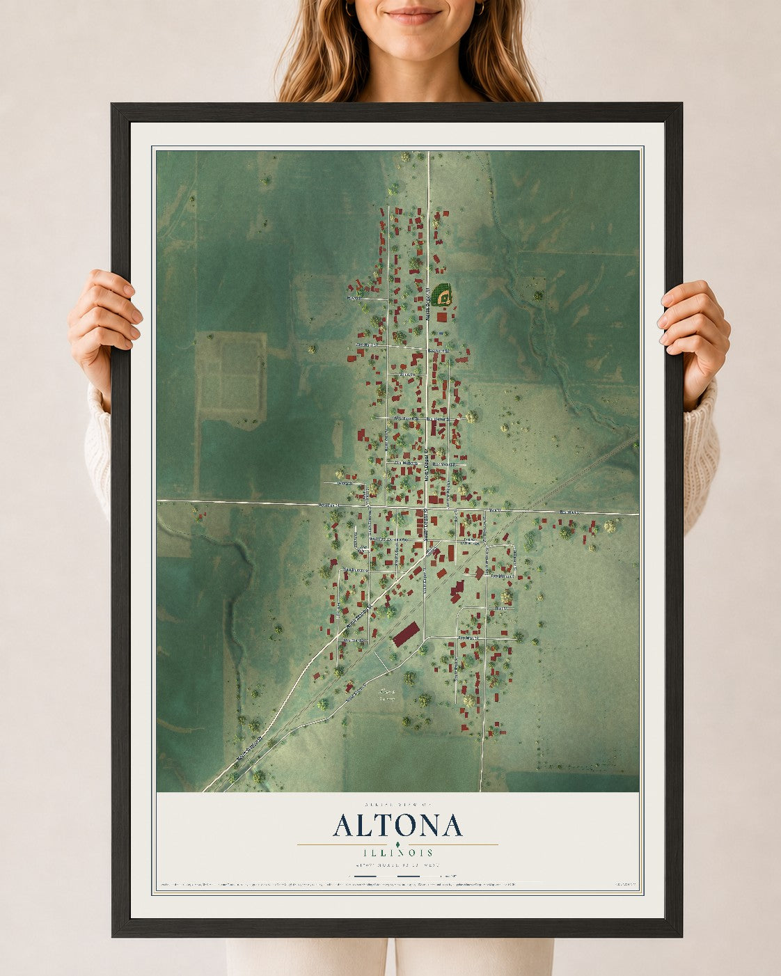 Map of Altona, Illinois, 24 x 36 inch print in a black wood frame