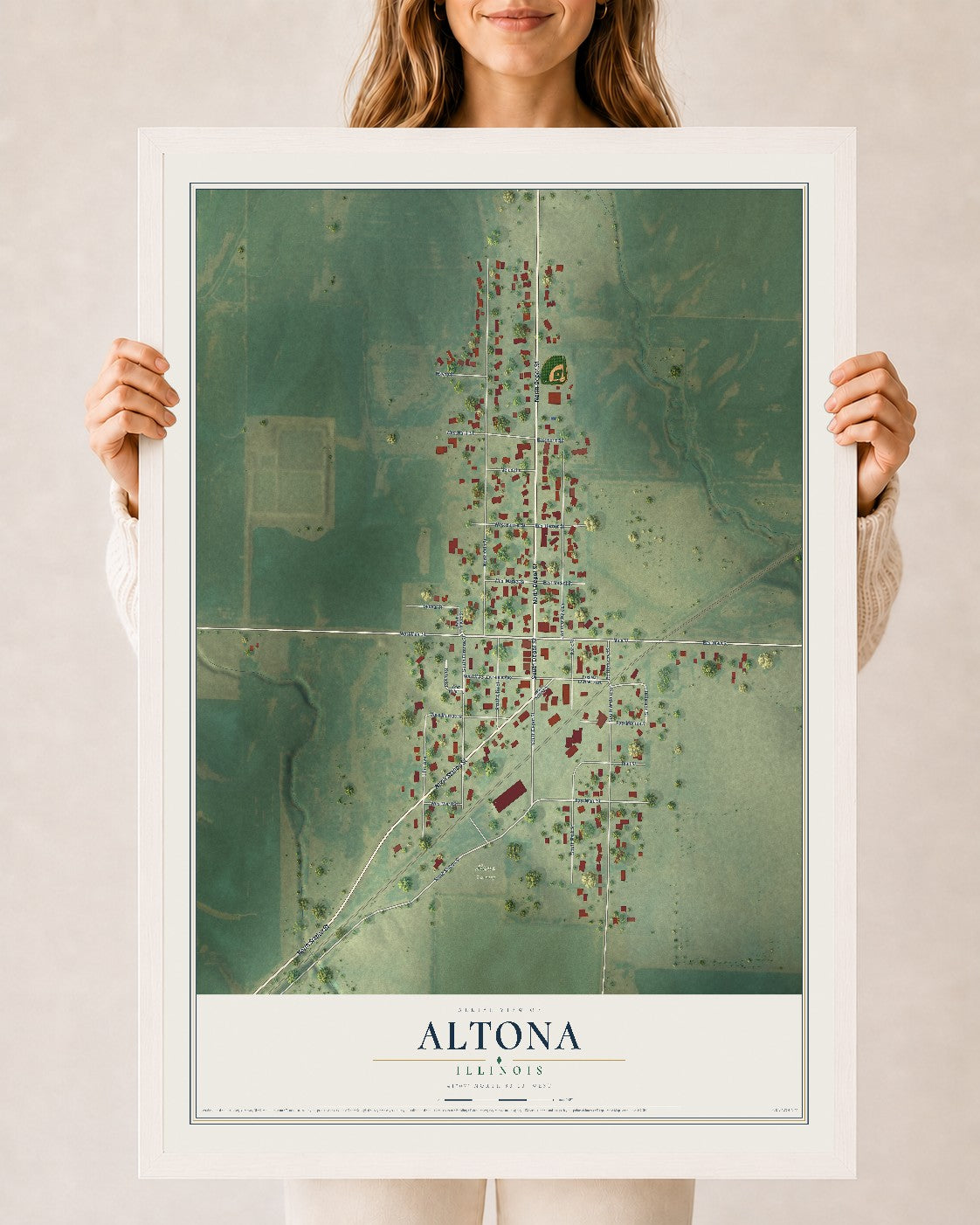 Map of Altona, Illinois, 24 x 36 inch print in a white wood frame