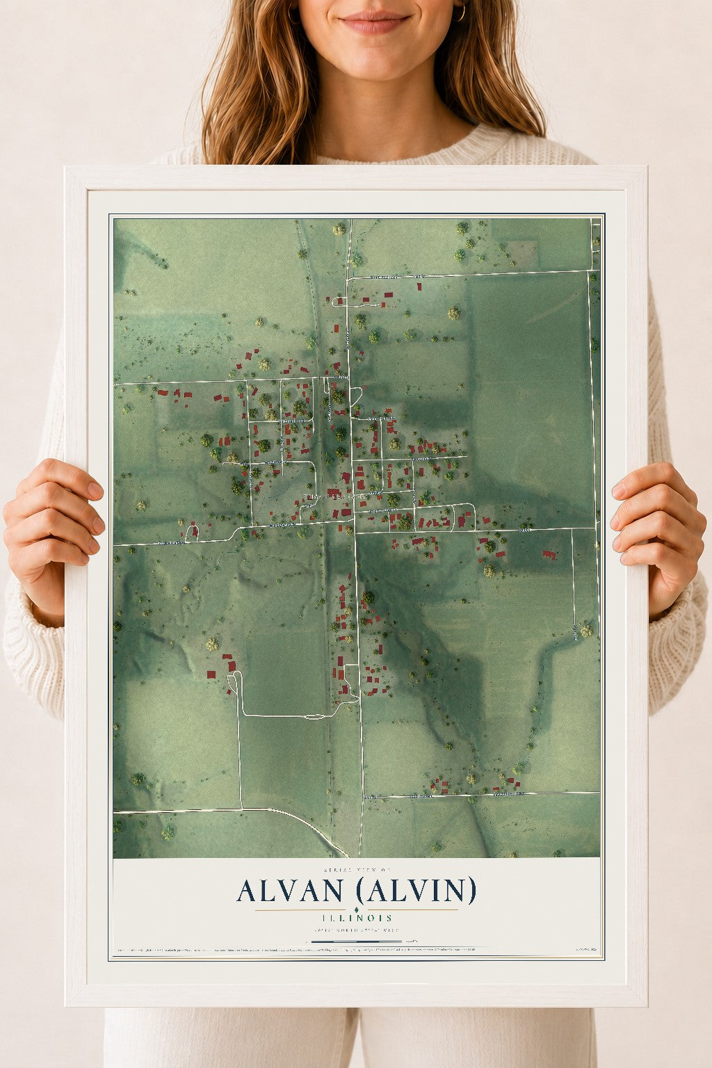 Map of Alvan (Alvin), Illinois, 18 x 24 inch print in a white wood frame