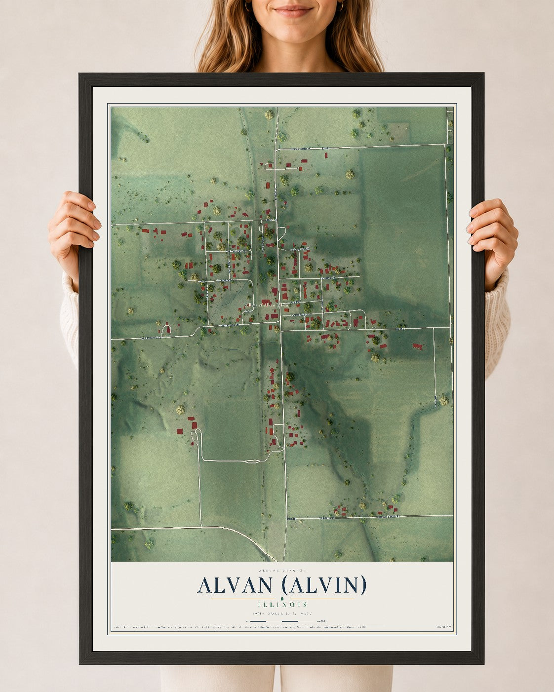 Map of Alvan (Alvin), Illinois, 24 x 36 inch print in a black wood frame
