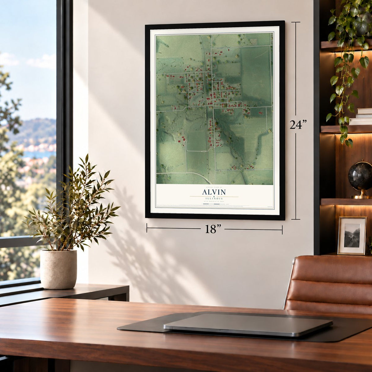 Alvin, Illinois map, 18 x 24 inch print in a black frame in a home office