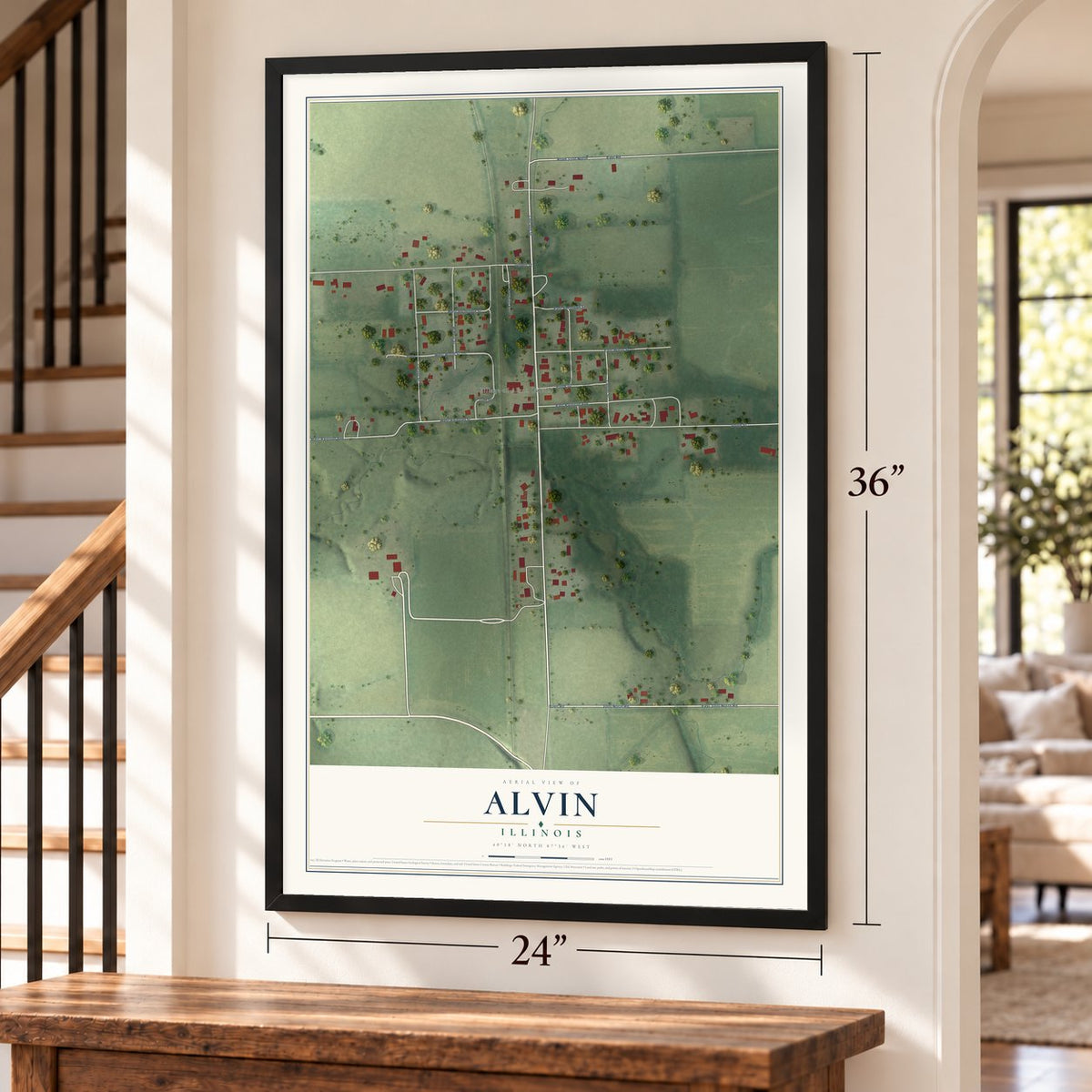 Alvin, Illinois map, 24 x 36 inch print in a black frame by a staircase