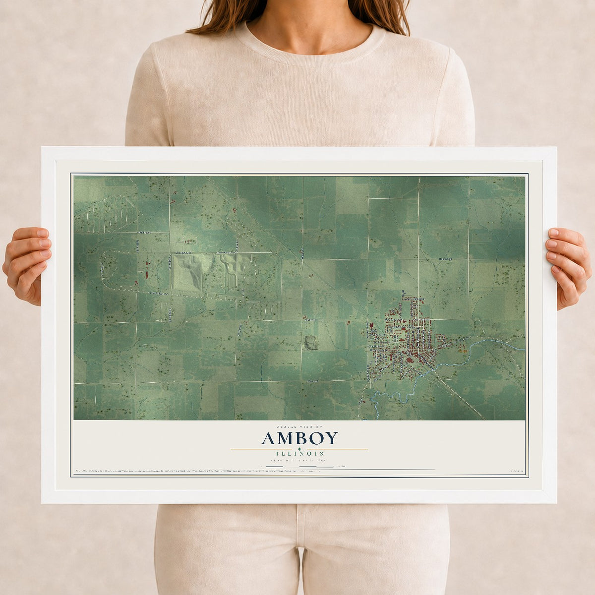 Map of Amboy, Illinois, 12 x 18 inch print in a white wood frame