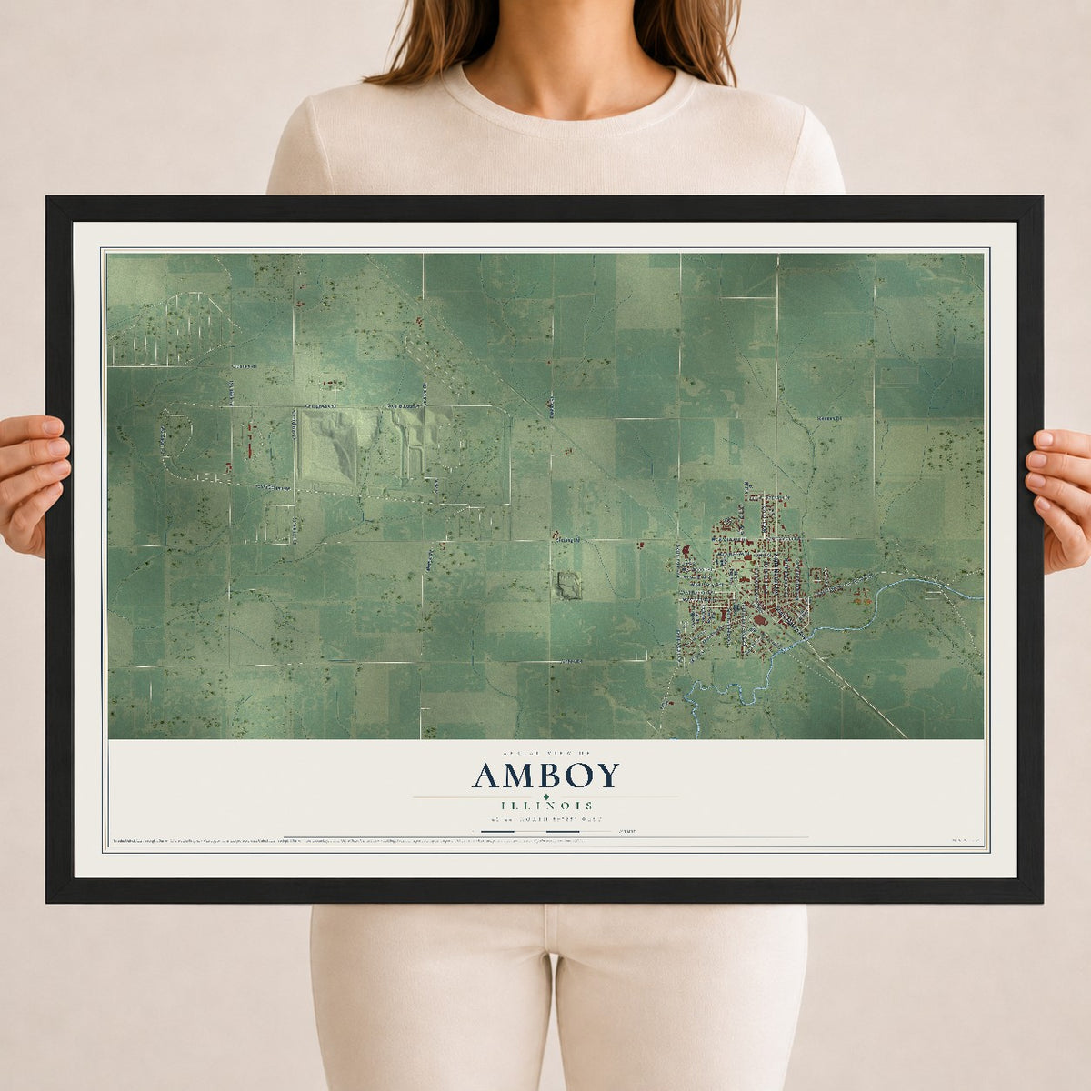 Map of Amboy, Illinois, 18 x 24 inch print in a black wood frame