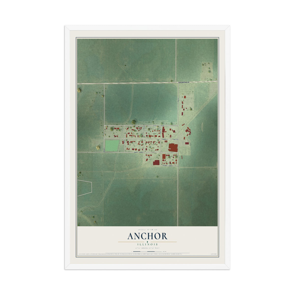 Map of Anchor, Illinois, 12 x 18 inch print in a white wood frame