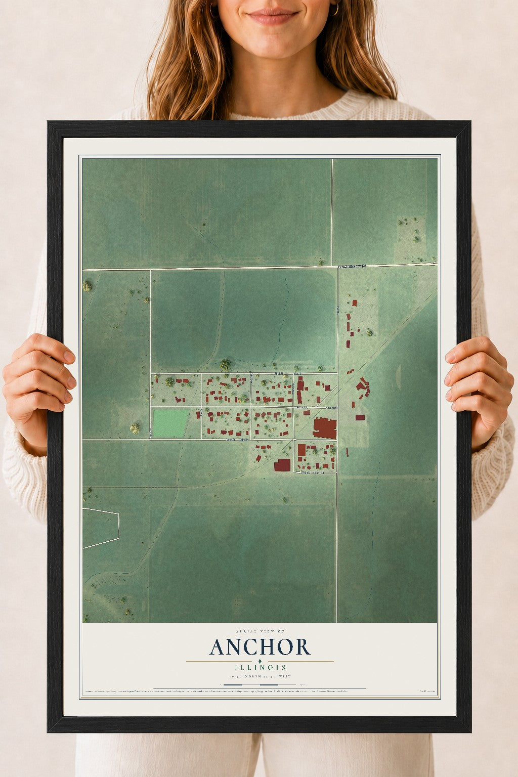 Map of Anchor, Illinois, 18 x 24 inch print in a black wood frame