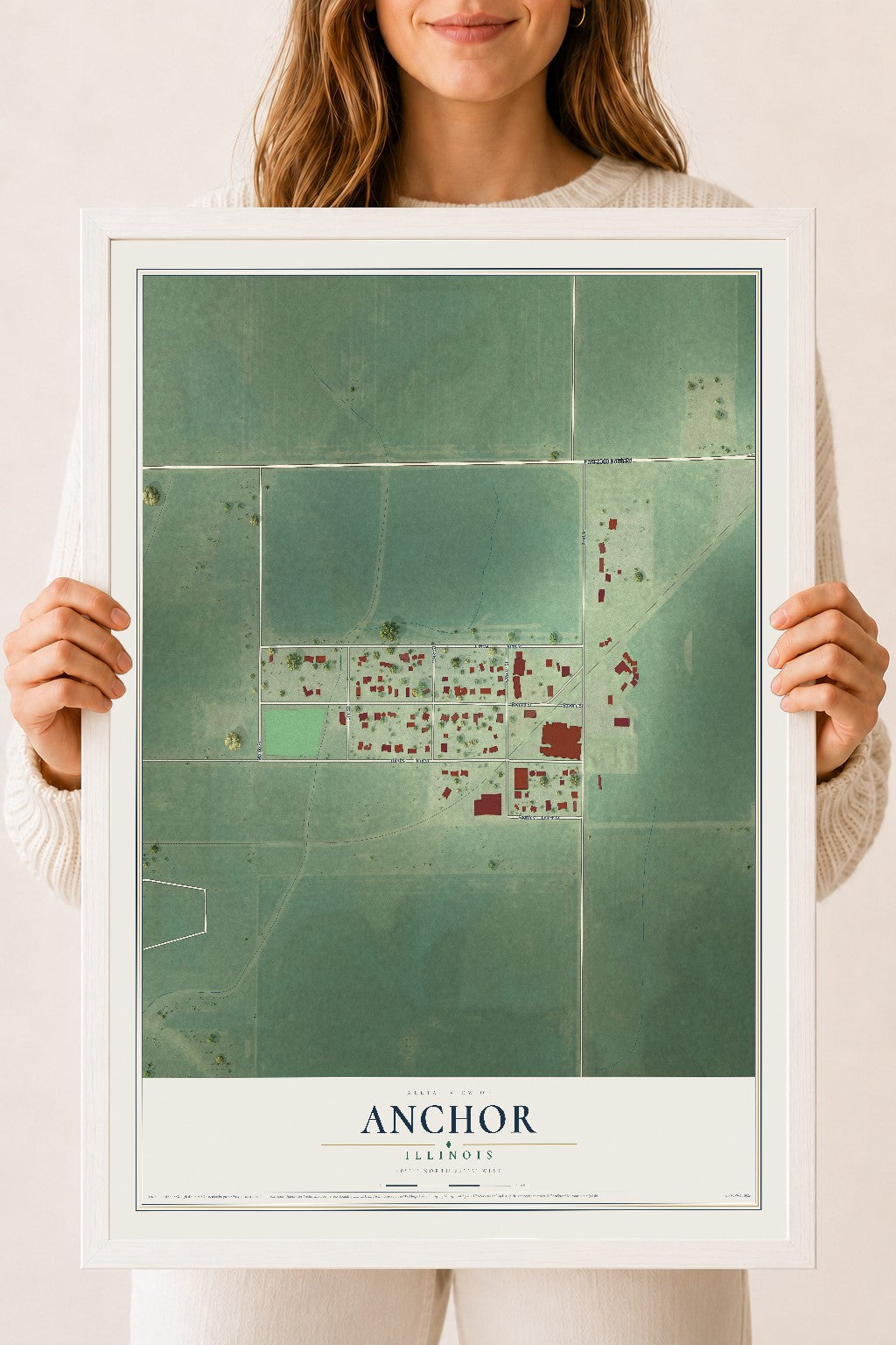 Map of Anchor, Illinois, 18 x 24 inch print in a white wood frame