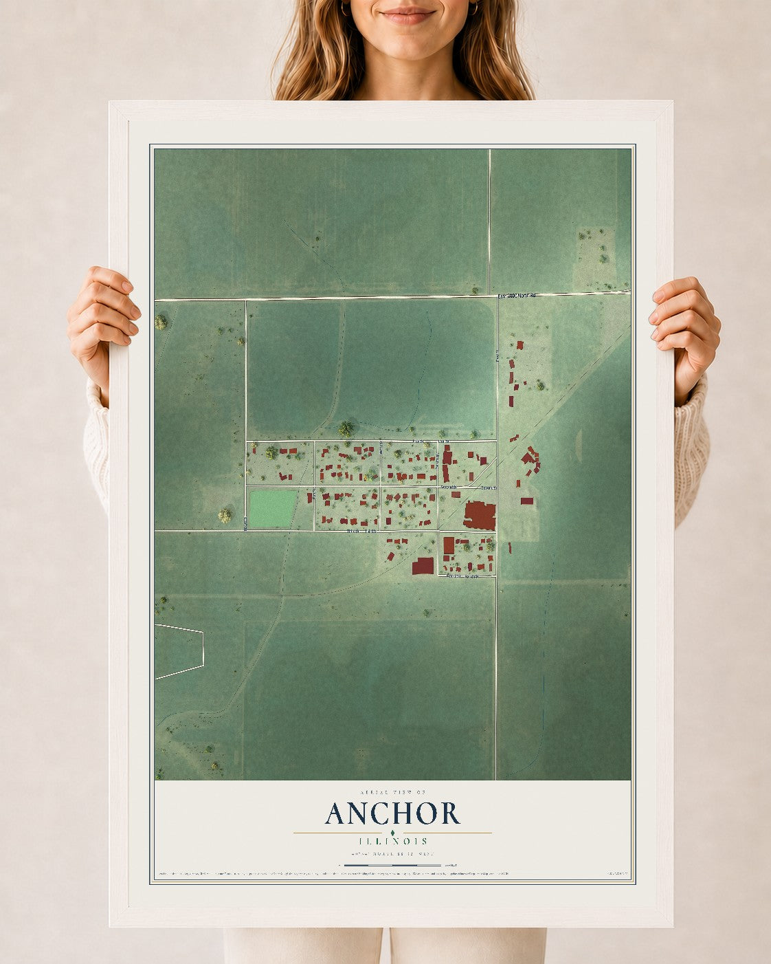 Map of Anchor, Illinois, 24 x 36 inch print in a white wood frame