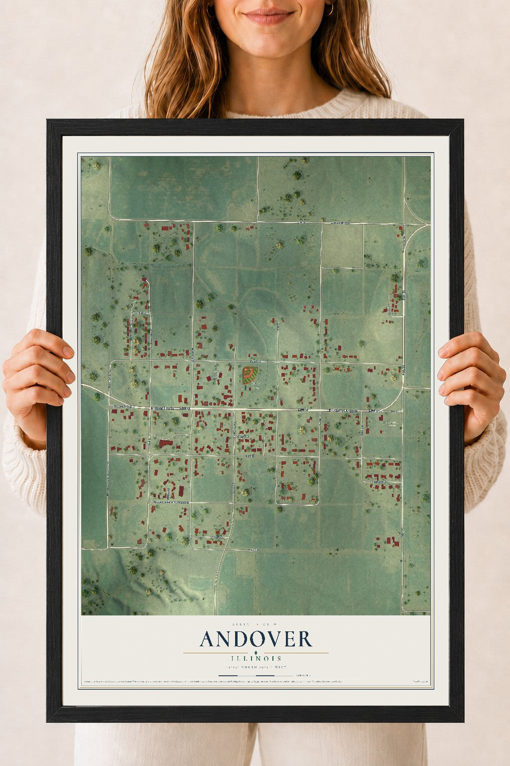 Map of Andover, Illinois, 18 x 24 inch print in a black wood frame