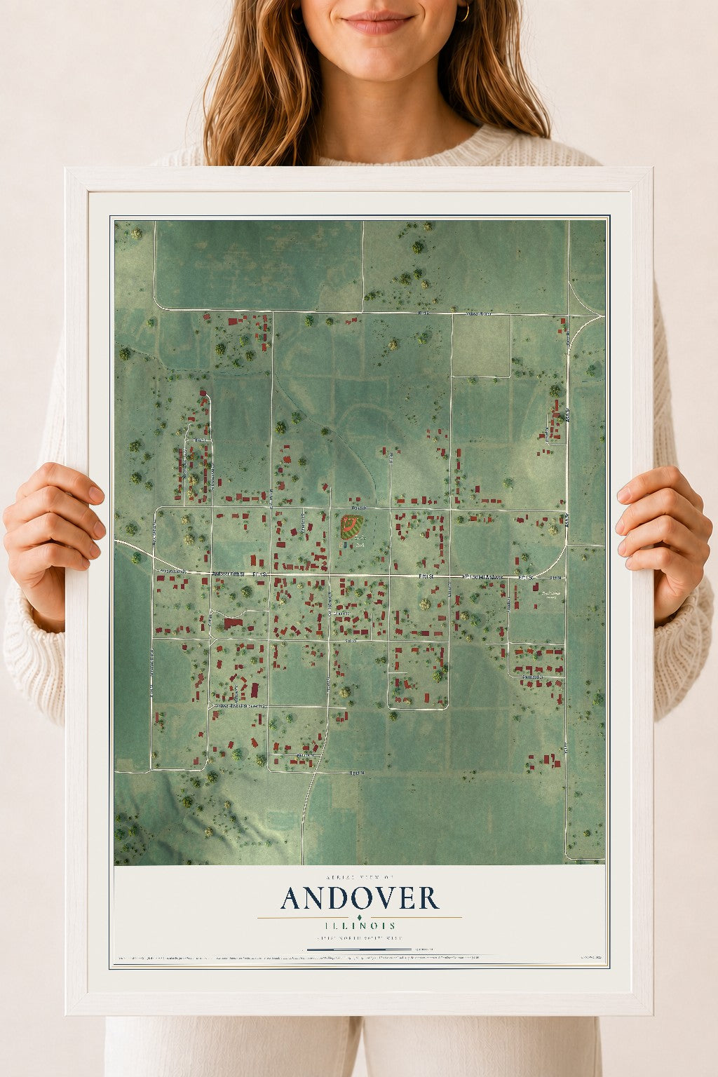 Map of Andover, Illinois, 18 x 24 inch print in a white wood frame