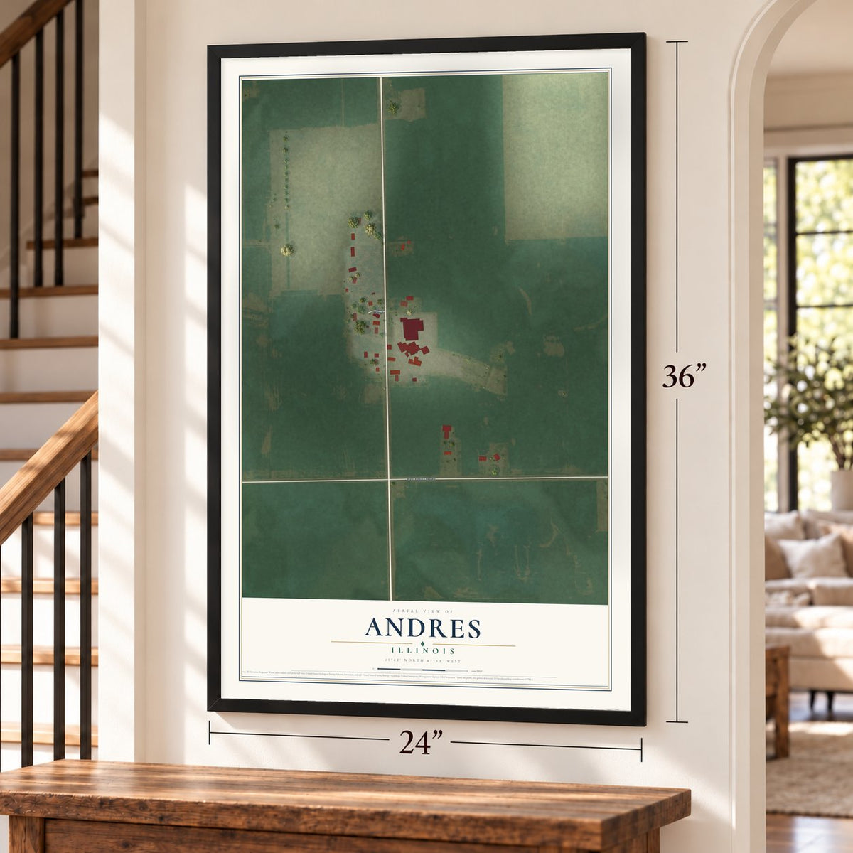 Andres, Illinois map, 24 x 36 inch print in a black frame by a staircase