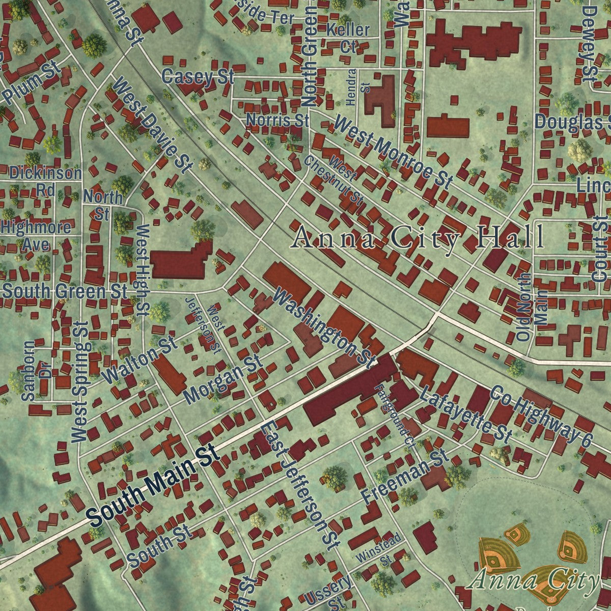 Close-up of the map of Anna, Illinois print showing street and building detail