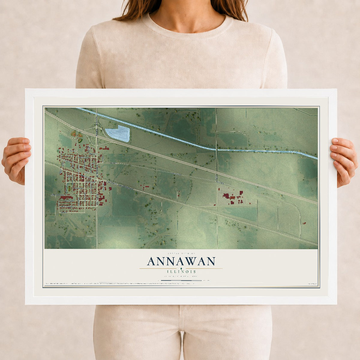 Map of Annawan, Illinois, 12 x 18 inch print in a white wood frame