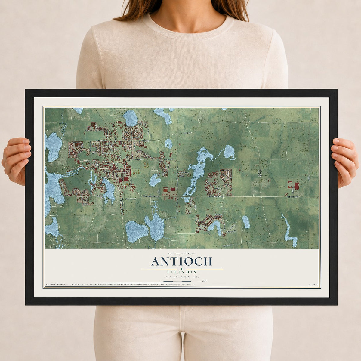 Map of Antioch, Illinois, 12 x 18 inch print in a black wood frame
