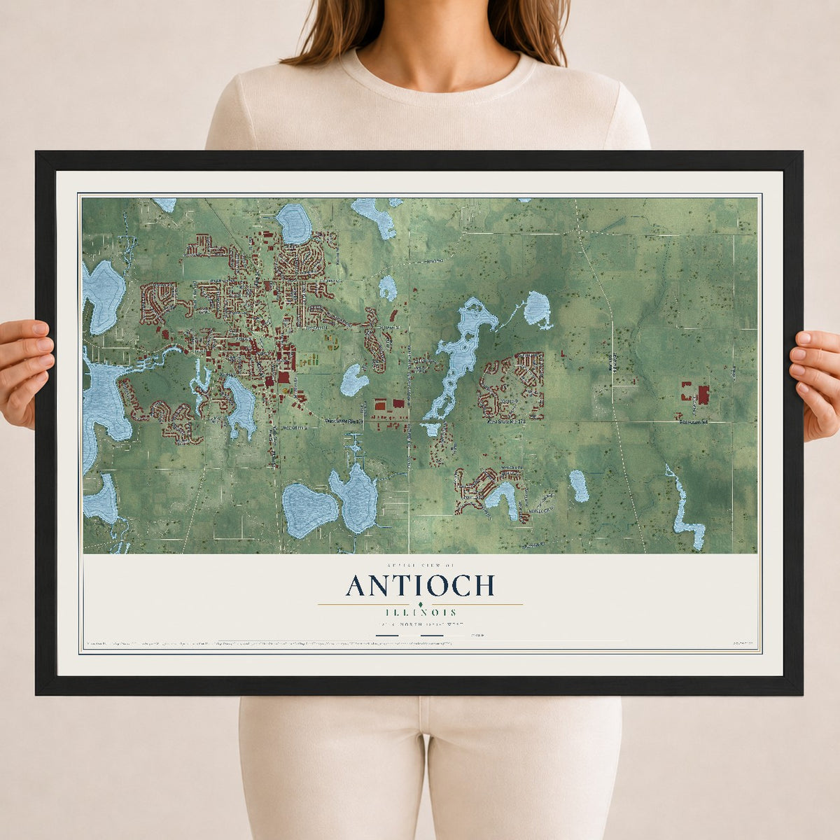 Map of Antioch, Illinois, 18 x 24 inch print in a black wood frame