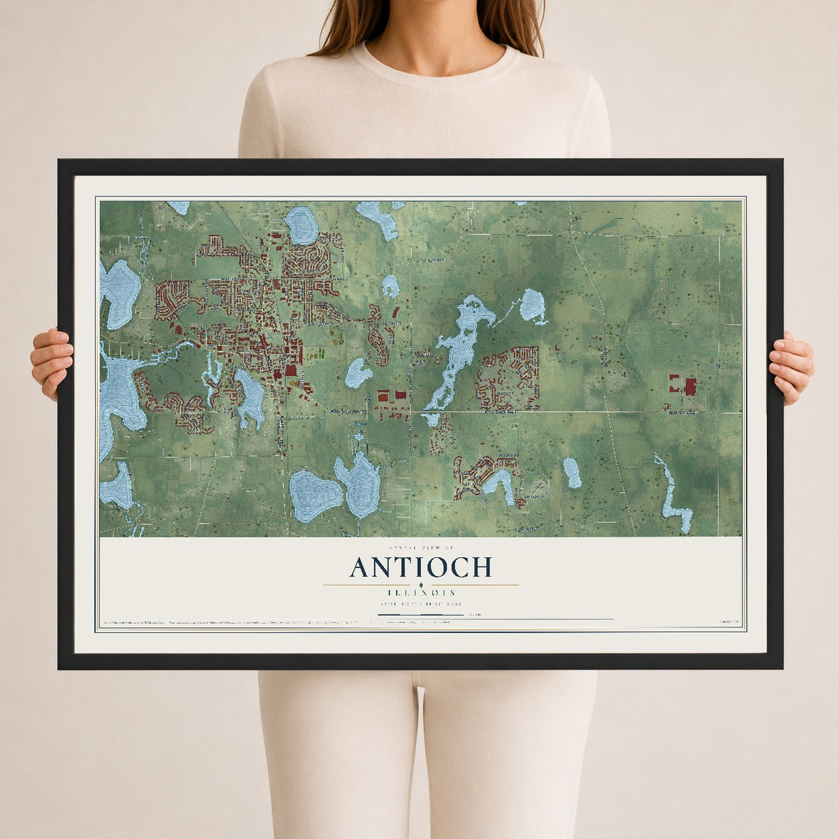Map of Antioch, Illinois, 24 x 36 inch print in a black wood frame