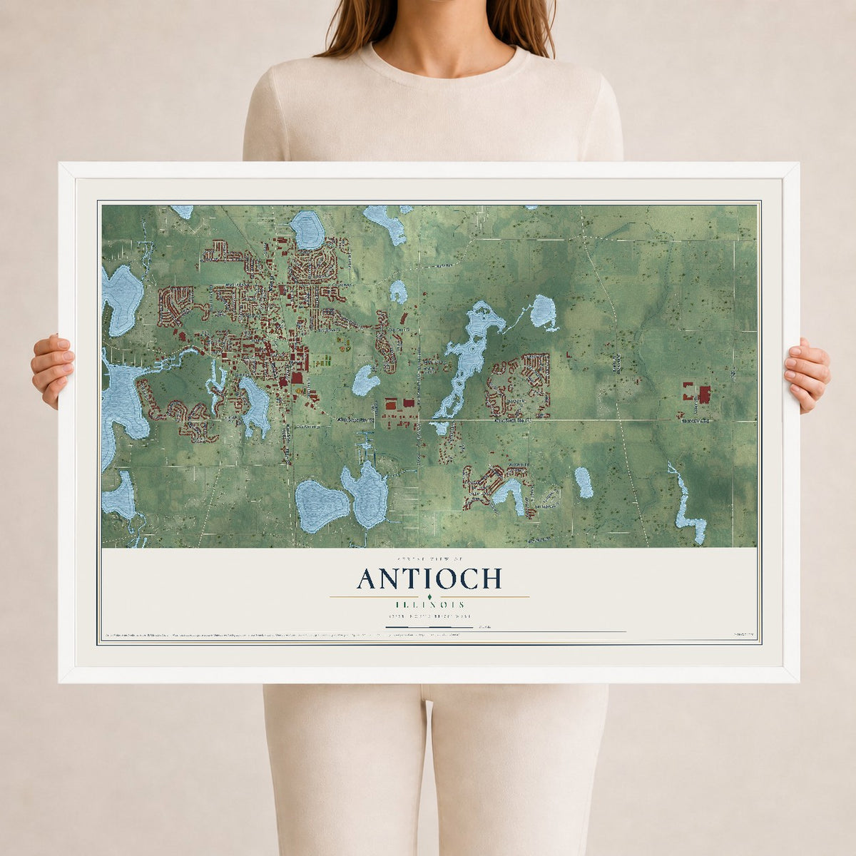 Map of Antioch, Illinois, 24 x 36 inch print in a white wood frame