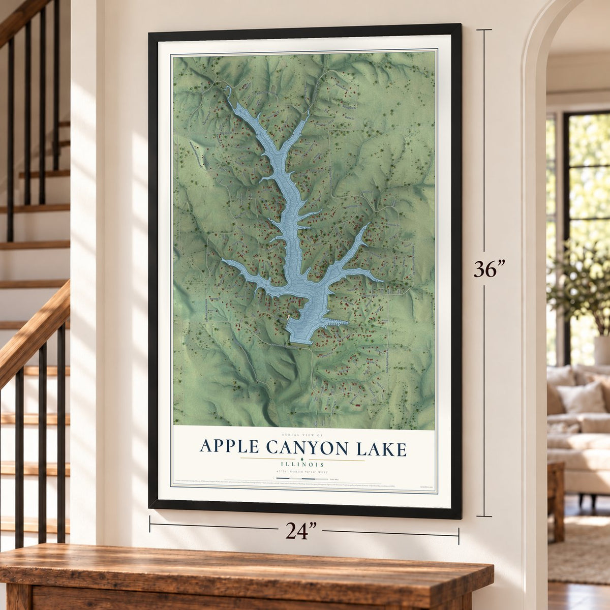 Apple Canyon Lake, Illinois map, 24 x 36 inch print in a black frame by a staircase