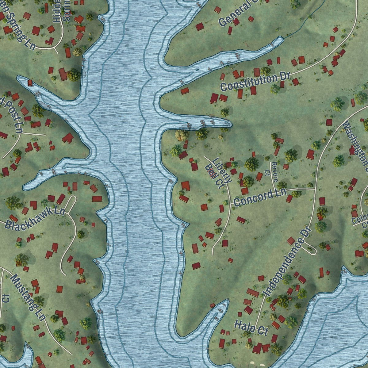 Close-up of the map of Apple Canyon Lake, Illinois print showing street and building detail