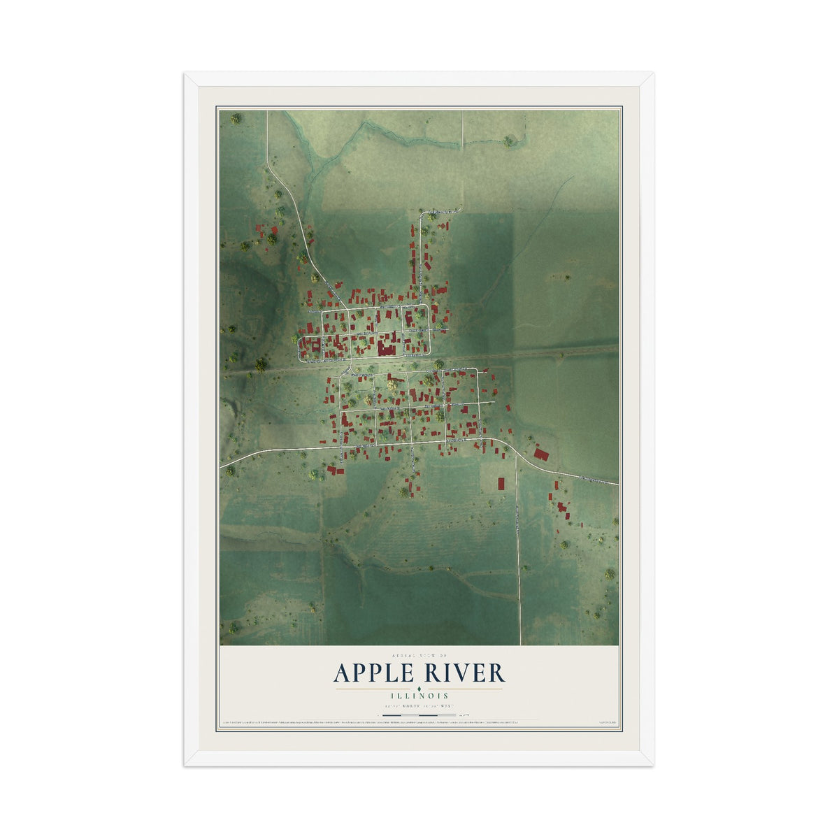 Map of Apple River, Illinois, 12 x 18 inch print in a white wood frame