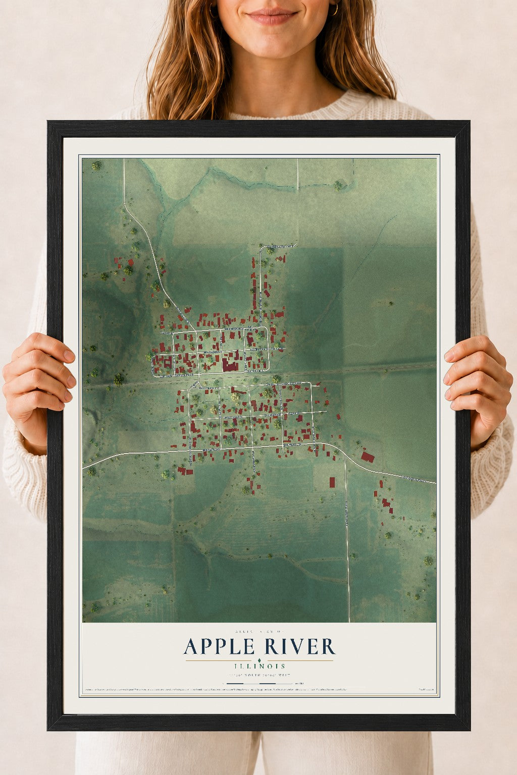 Map of Apple River, Illinois, 18 x 24 inch print in a black wood frame