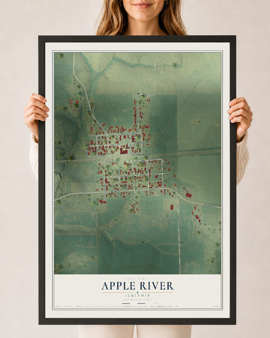 Map of Apple River, Illinois, 24 x 36 inch print in a black wood frame
