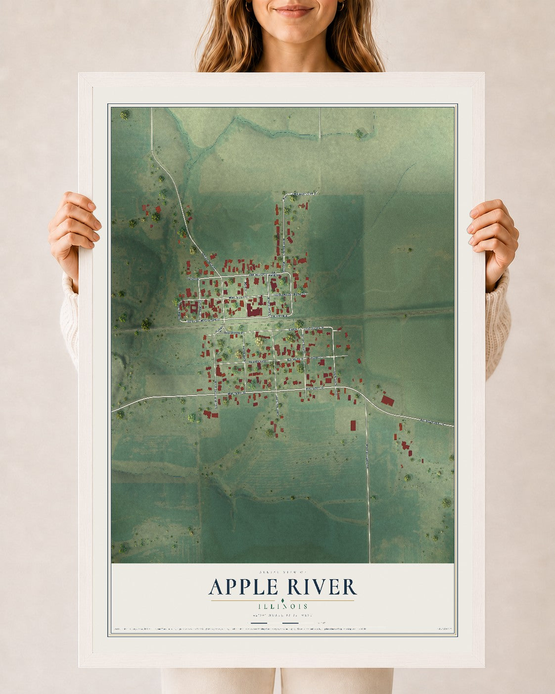Map of Apple River, Illinois, 24 x 36 inch print in a white wood frame
