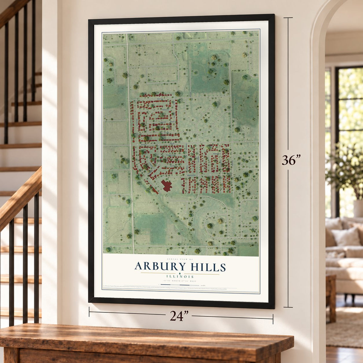 Arbury Hills, Illinois map, 24 x 36 inch print in a black frame by a staircase