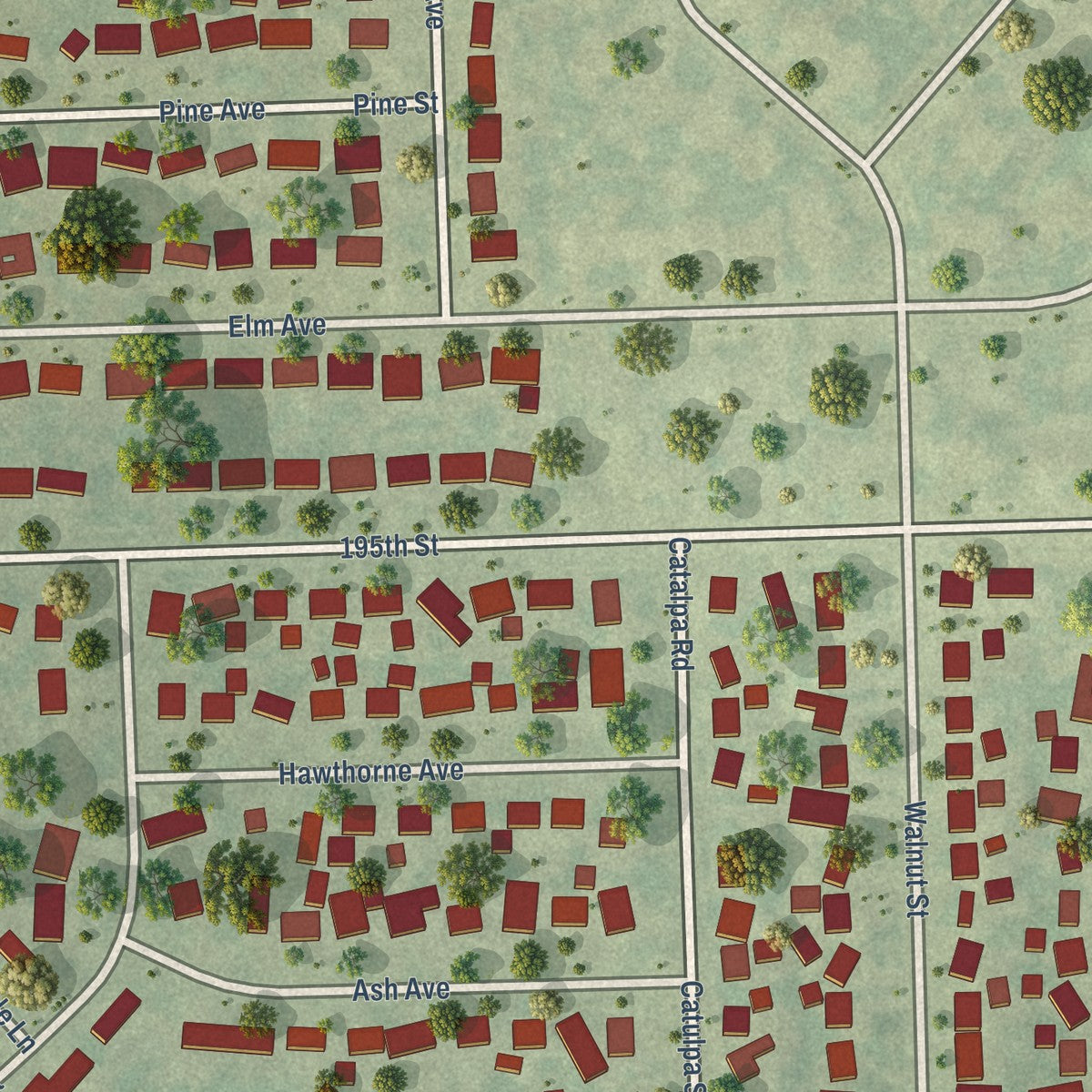 Close-up of the map of Arbury Hills, Illinois print showing street and building detail