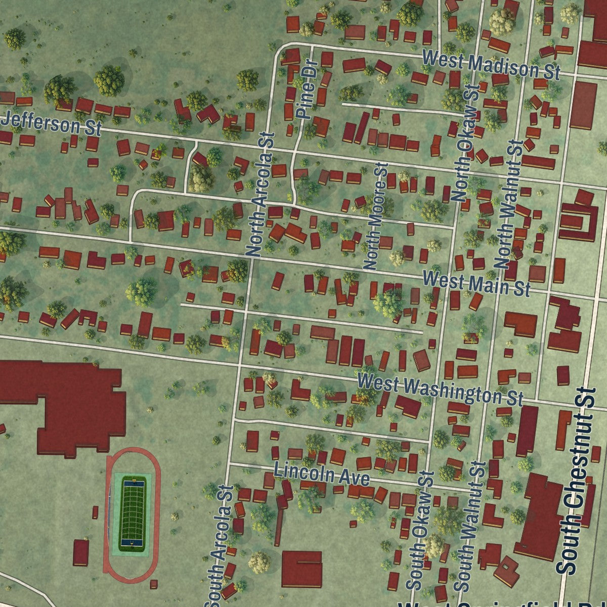 Second close-up of the map of Arcola, Illinois print showing more streets and buildings