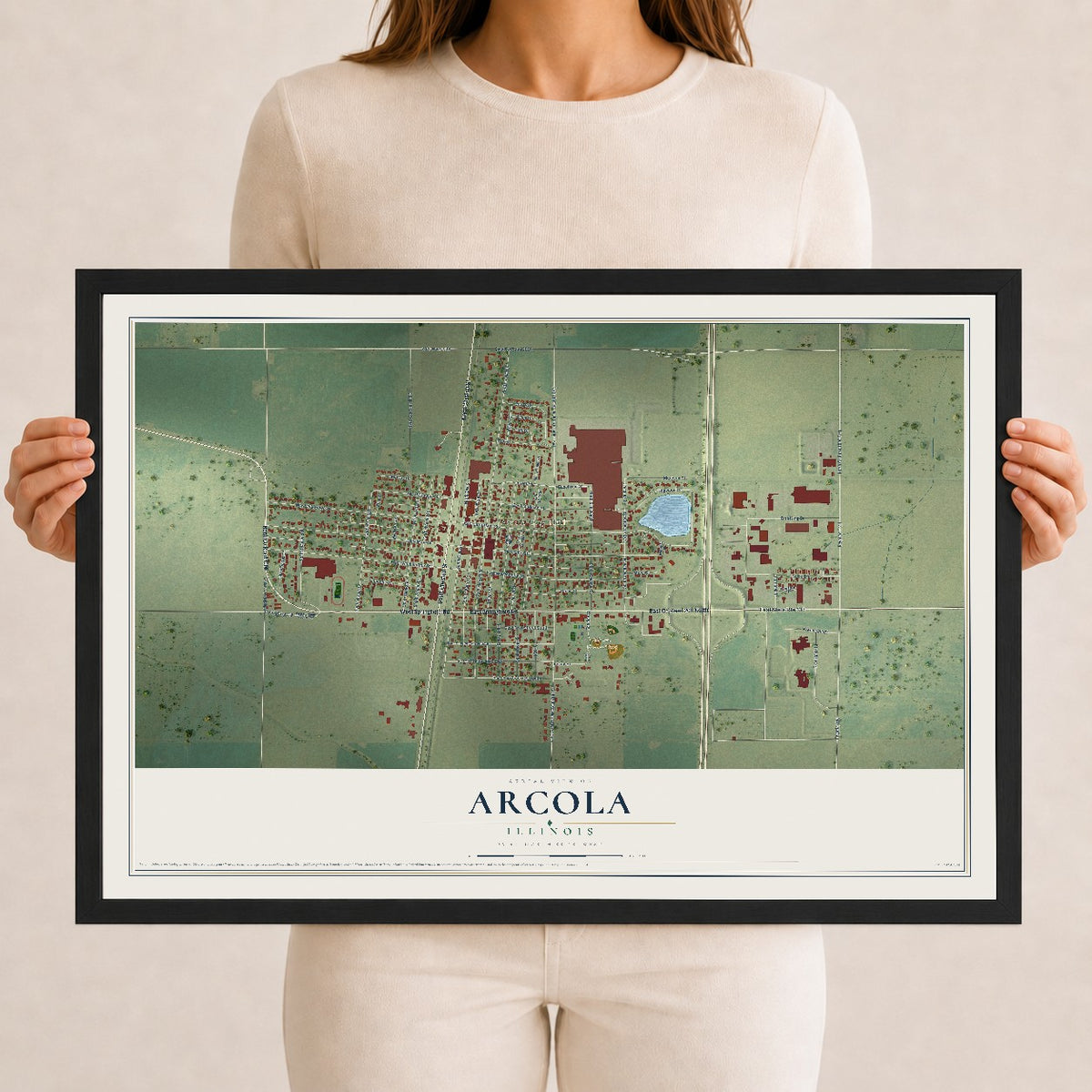 Map of Arcola, Illinois, 12 x 18 inch print in a black wood frame