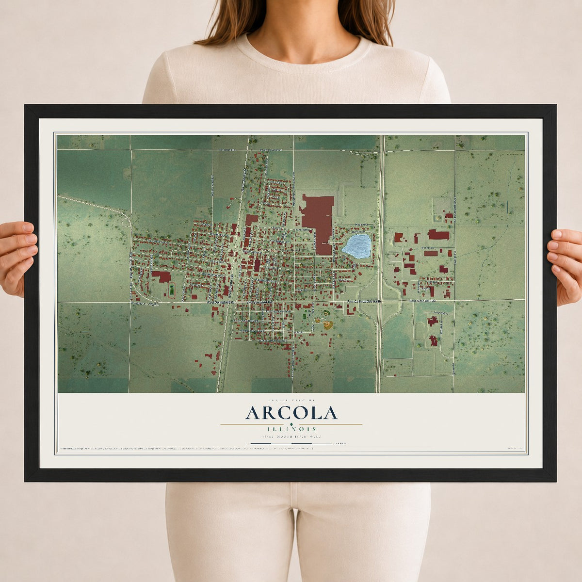 Map of Arcola, Illinois, 18 x 24 inch print in a black wood frame