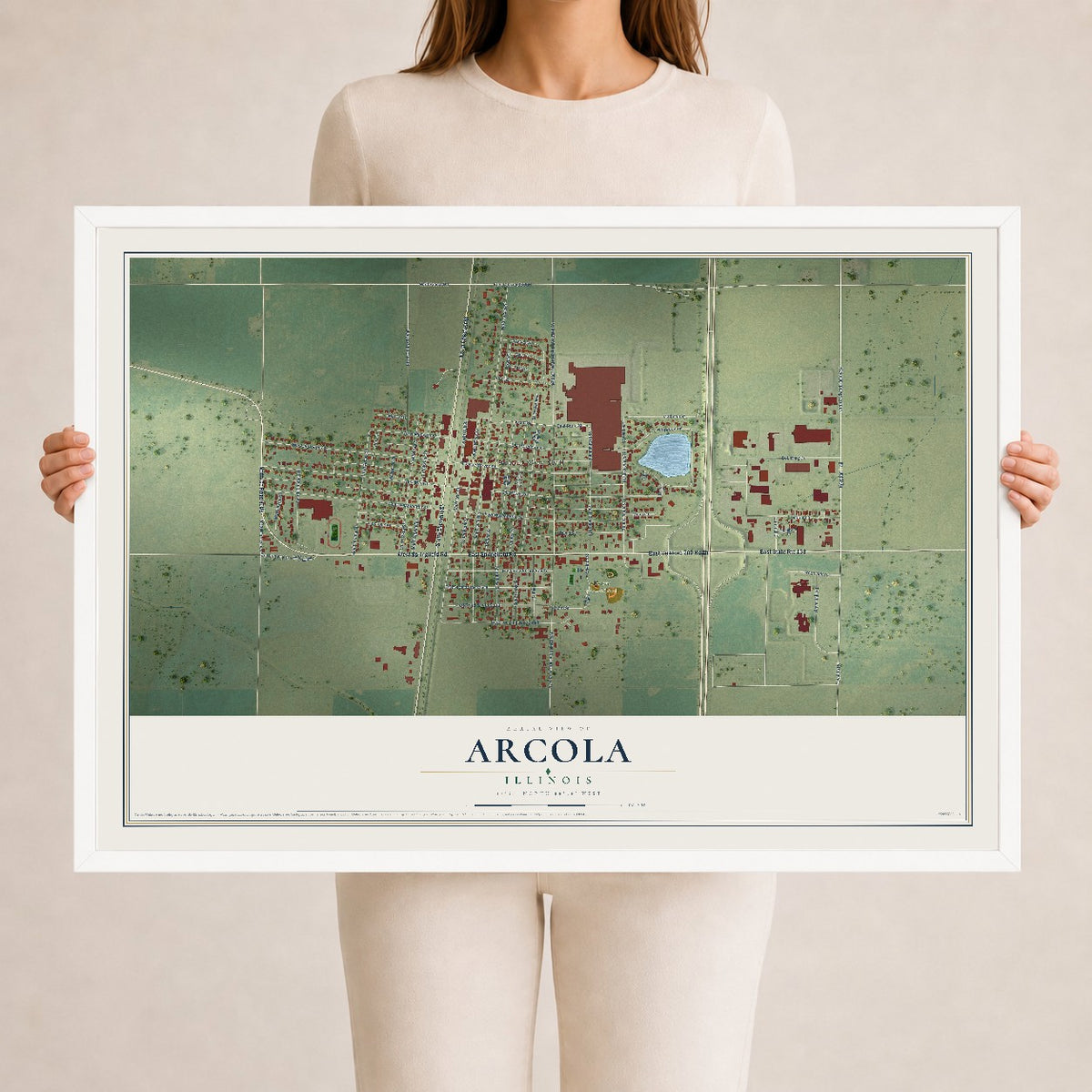 Map of Arcola, Illinois, 24 x 36 inch print in a white wood frame