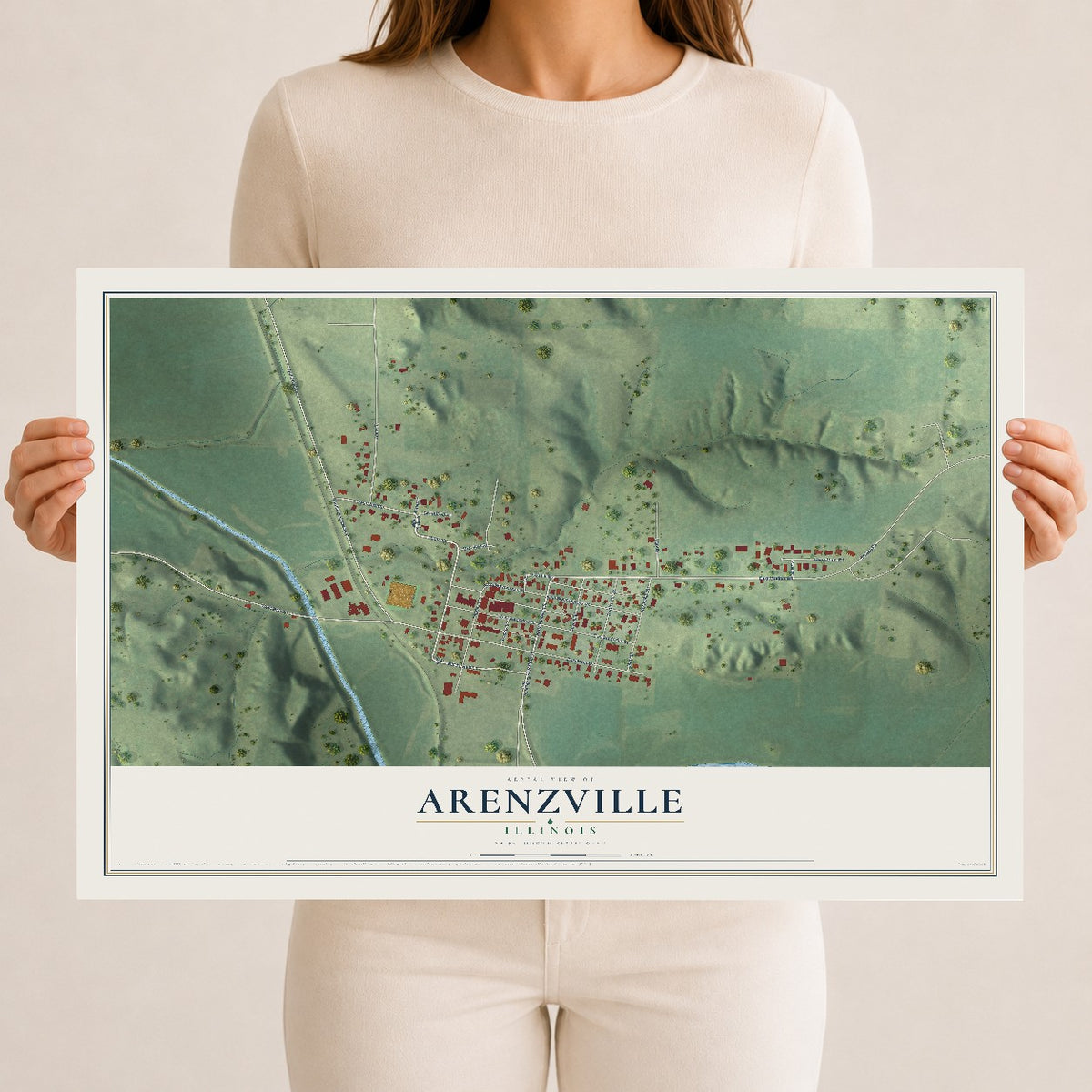 Map of Arenzville, Illinois, 12 x 18 inch unframed archival matte print