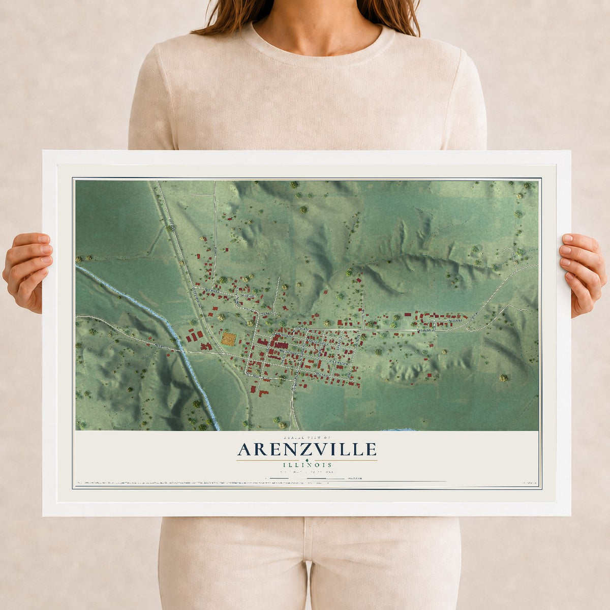 Map of Arenzville, Illinois, 12 x 18 inch print in a white wood frame