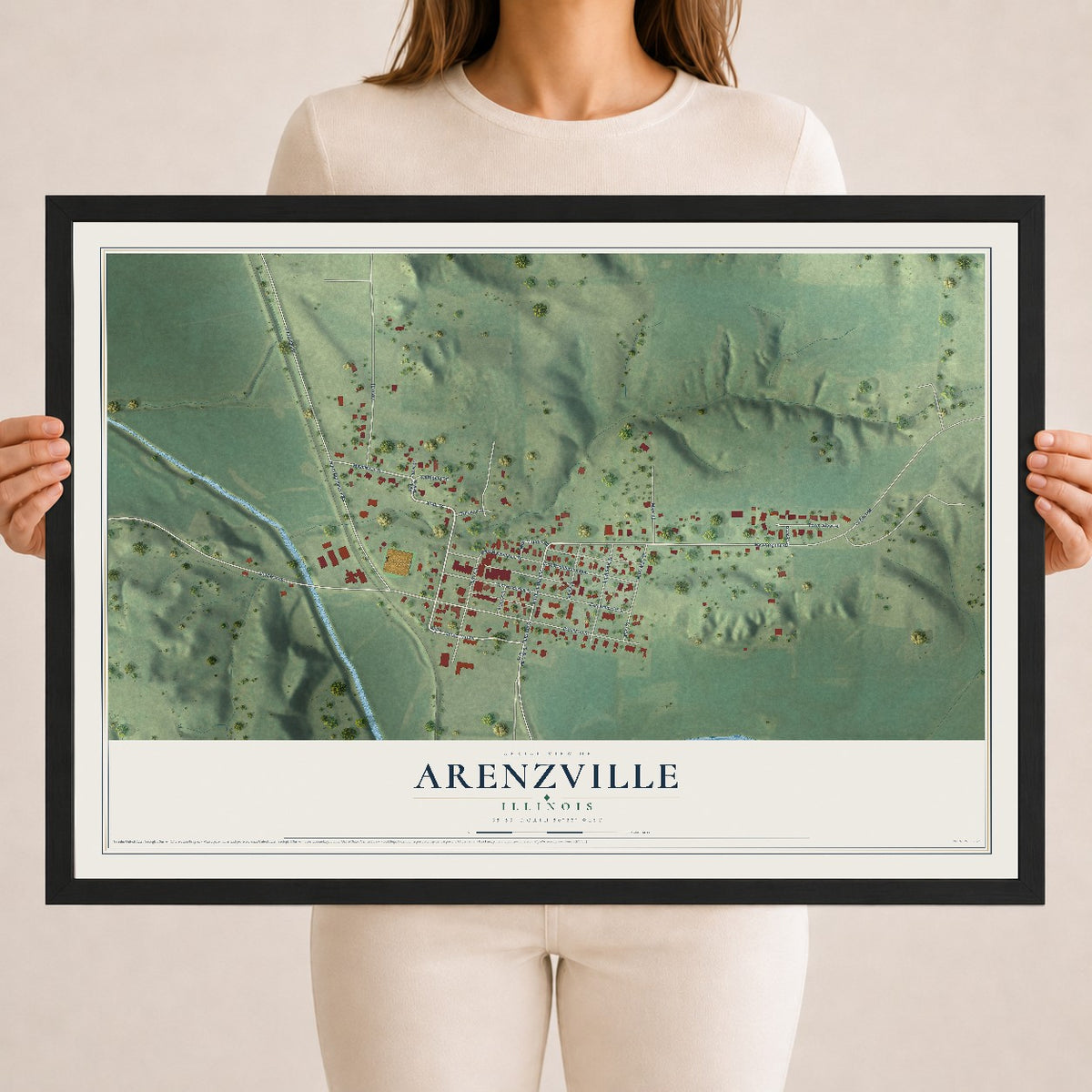 Map of Arenzville, Illinois, 18 x 24 inch print in a black wood frame