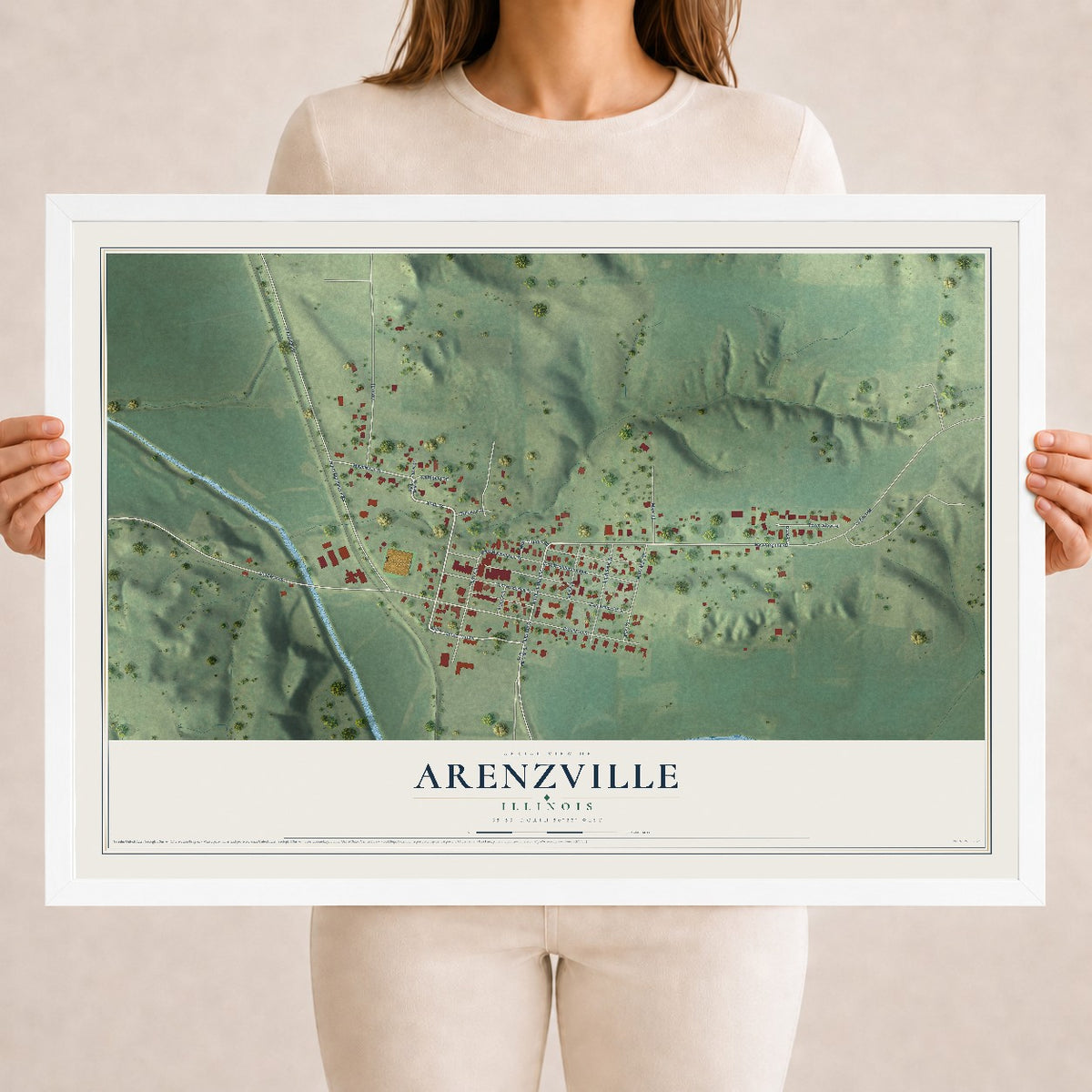 Map of Arenzville, Illinois, 18 x 24 inch print in a white wood frame