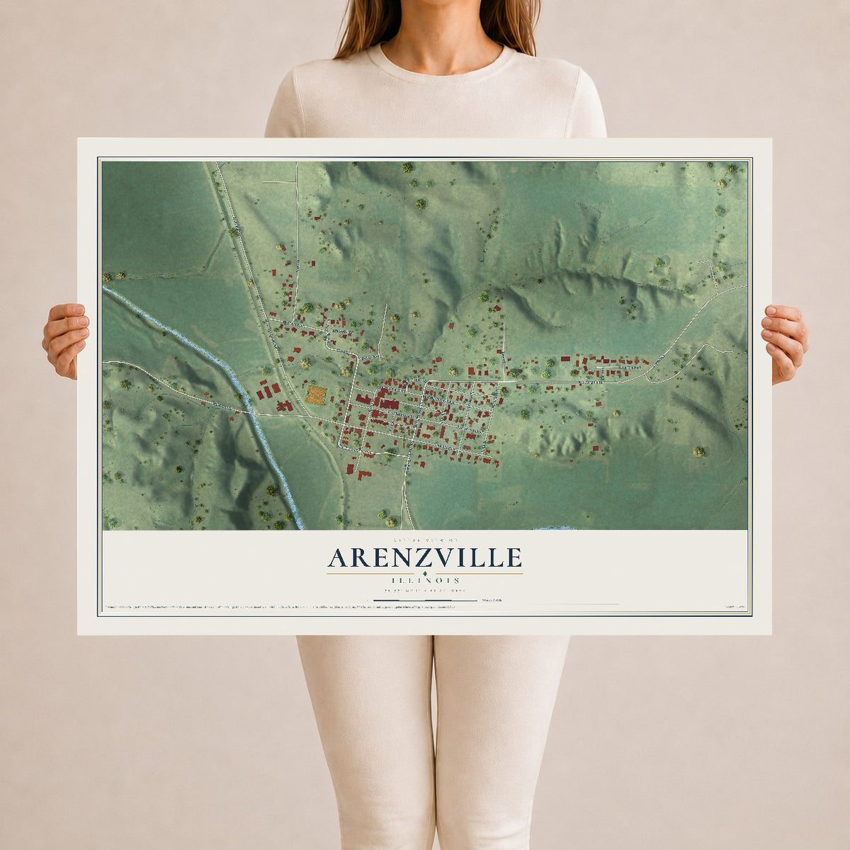 Map of Arenzville, Illinois, 24 x 36 inch unframed archival matte print