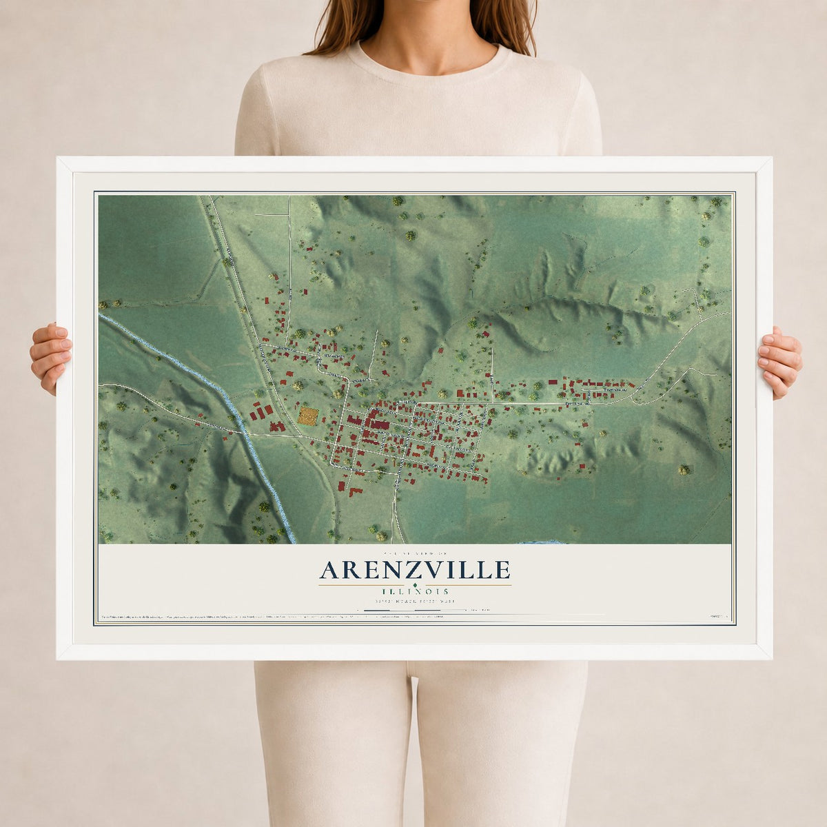 Map of Arenzville, Illinois, 24 x 36 inch print in a white wood frame