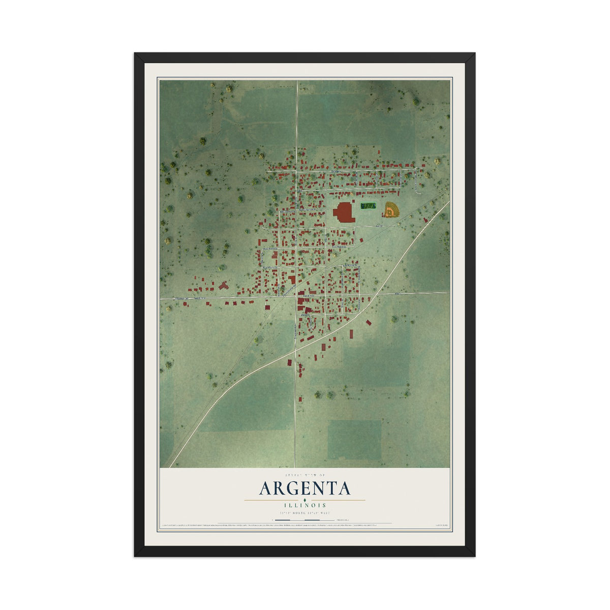 Map of Argenta, Illinois, 12 x 18 inch print in a black wood frame