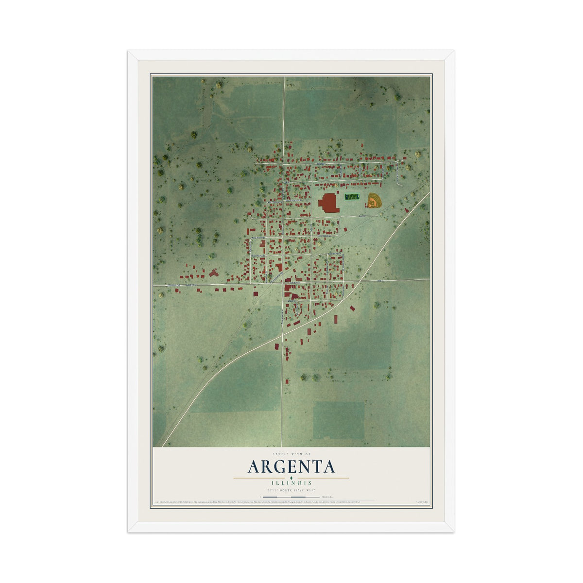 Map of Argenta, Illinois, 12 x 18 inch print in a white wood frame