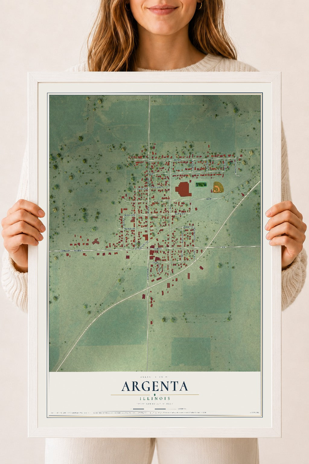 Map of Argenta, Illinois, 18 x 24 inch print in a white wood frame