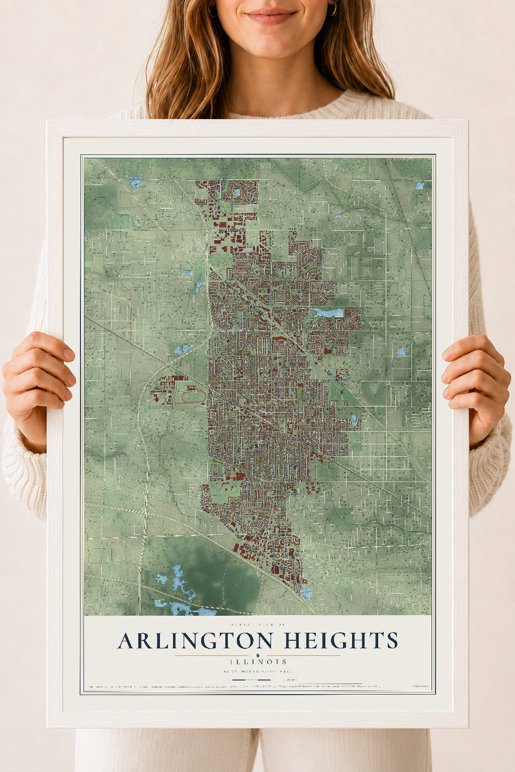 Map of Arlington Heights, Illinois, 18 x 24 inch print in a white wood frame