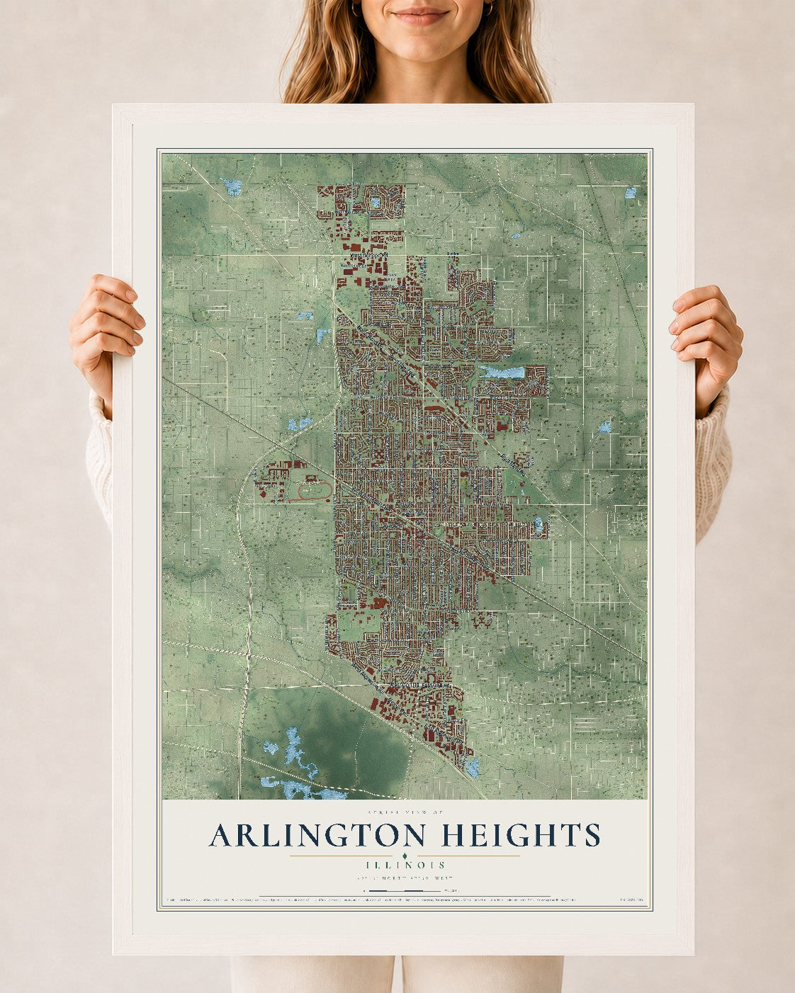 Map of Arlington Heights, Illinois, 24 x 36 inch print in a white wood frame