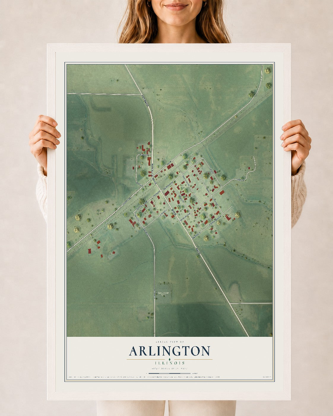 Map of Arlington, Illinois, 24 x 36 inch print in a white wood frame